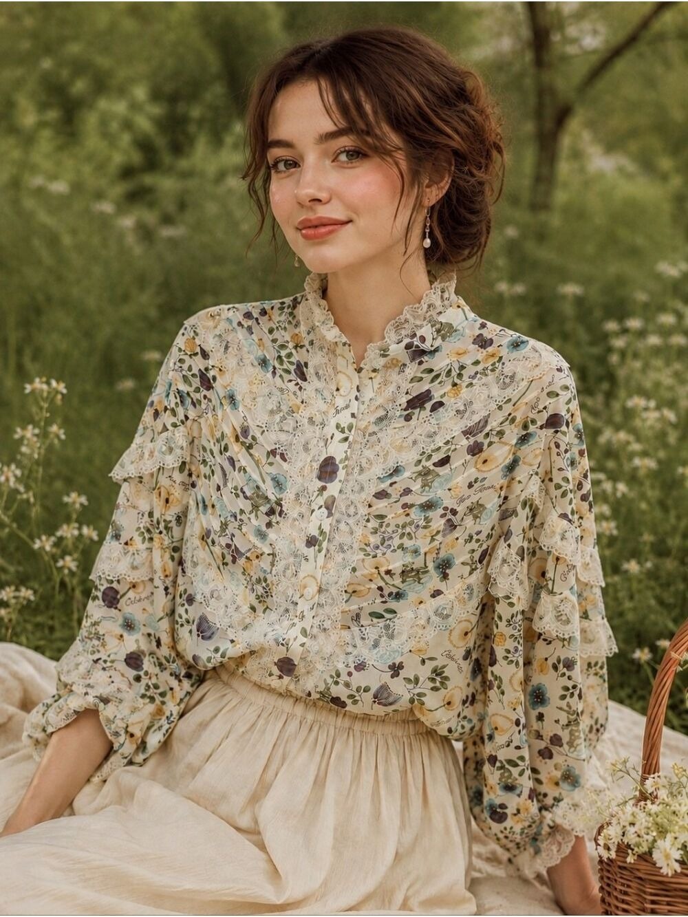 POL COTTAGECORE WHIMSICAL FLORAL PRINT LACE ACCENTED OVERSIZED BLOUSE SMALL